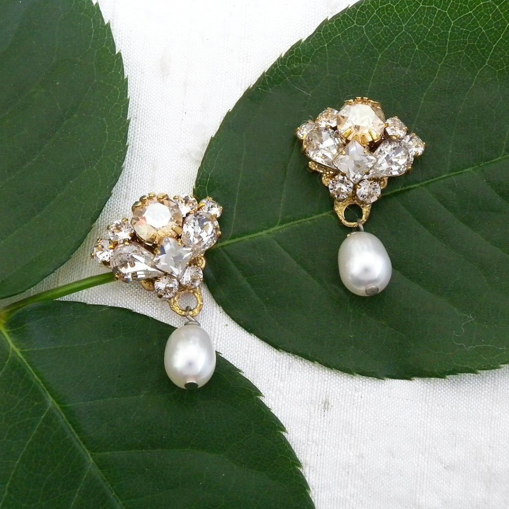 Erin Cole Bride, Gold Crystal Cluster Earrings with Pearl Drop
